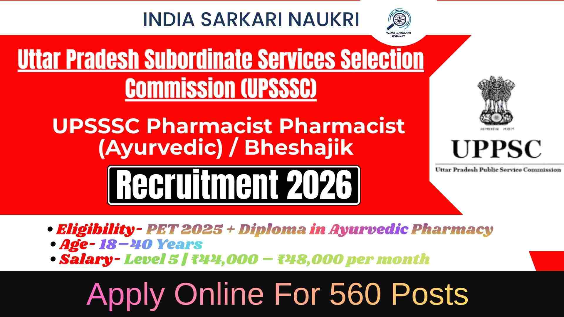 Uttar Pradesh UPSSSC Pharmacist Recruitment 2026 Apply Online For 560 Posts and Eligibility Result Declared